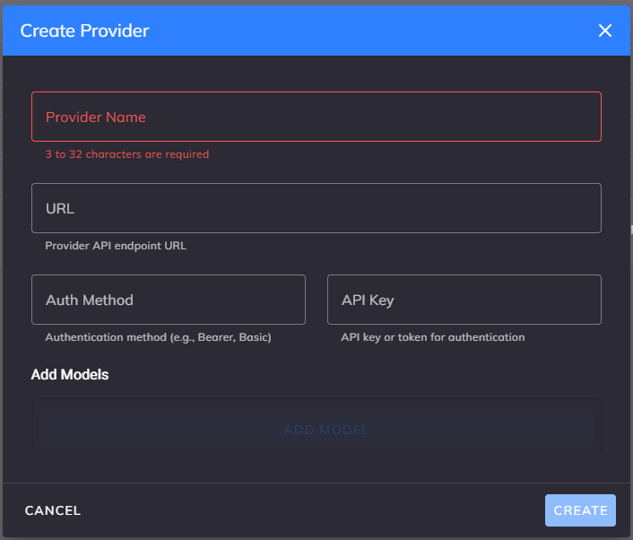 Screenshot of Create Provider Dialog