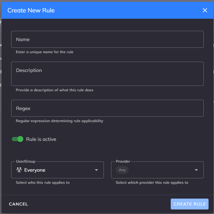 Screenshot of Create Rule Dialog
