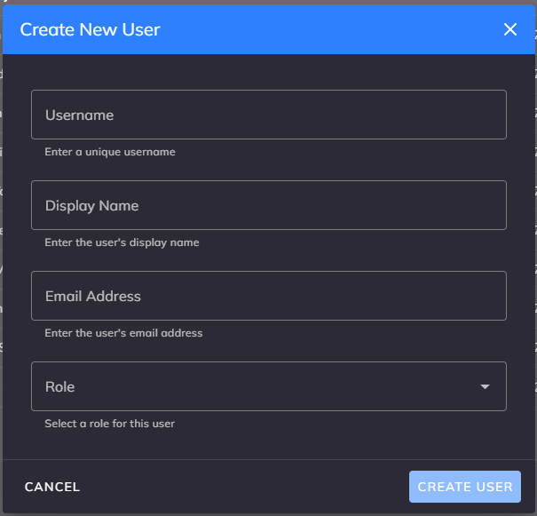 Screenshot of Create User Dialog