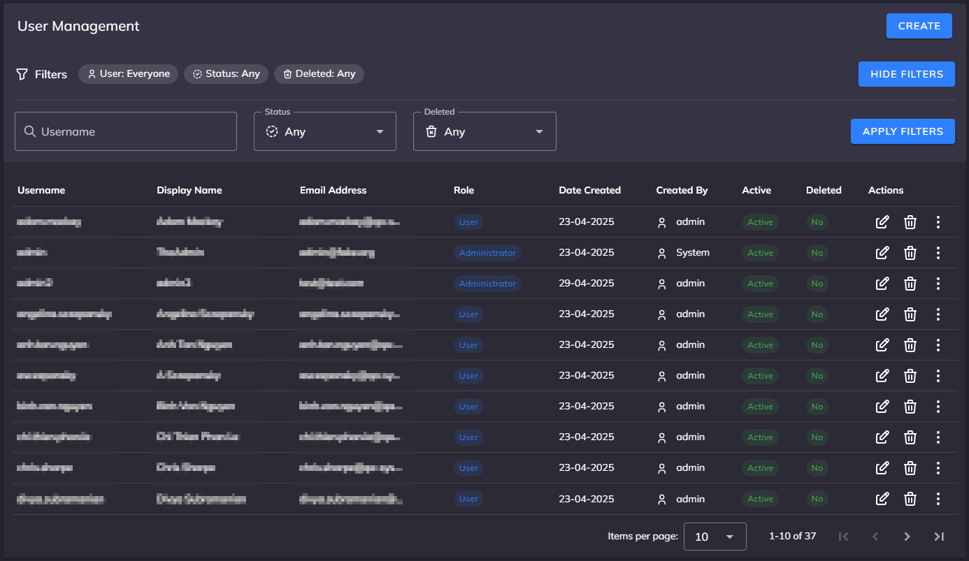 Screenshot of Users Administration Page